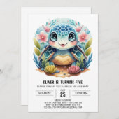 水彩 海の底の子供達のカメの男の子の誕生日 招待状 (正面/裏面)