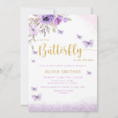 水彩 紫色 蝴蝶 女の子 ベビーシャワー 招待状 (正面)