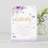 水彩 紫色 蝴蝶 女の子 ベビーシャワー 招待状 (スタンド正面)