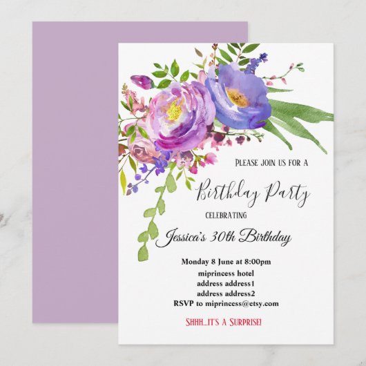 水彩 紫 ピンク 花の誕生日 招待状 (正面/裏面)
