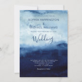 水彩 結婚式招待状 QRコード ネイビーブルー 招待状 (正面)