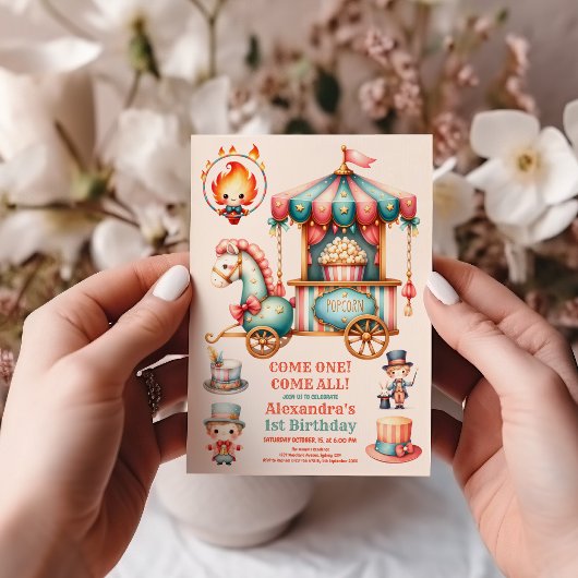 水彩 赤いサーカス カーニバル 赤ちゃん 1歳の誕生日 招待状