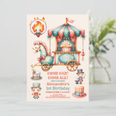 水彩 赤いサーカス カーニバル 赤ちゃん 1歳の誕生日 招待状 (スタンド正面)