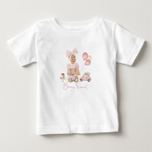 水彩 赤いピンクのイチゴの女の子 ベリー Tシャツ (正面)