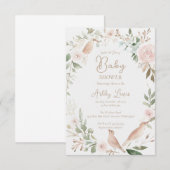 水彩 赤ちゃん鳥 花 葉っぱ ベビーシャワー 招待状 (正面/裏面)