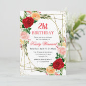 水彩 赤 オレンジ ローズ フレーム 21歳の誕生日 招待状 (スタンド正面)