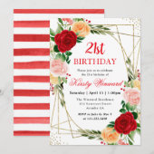 水彩 赤 オレンジ ローズ フレーム 21歳の誕生日 招待状 (正面/裏面)