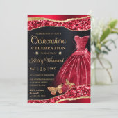 水彩 赤 & ゴールド グリッター ドレス キンセアニエラ 招待状 (スタンド正面)