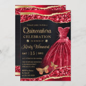 水彩 赤 & ゴールド グリッター ドレス キンセアニエラ 招待状 (正面/裏面)