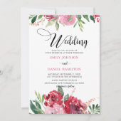 水彩（赤）赤面（ピンク）緑(結婚フローラ) 招待状 (正面)