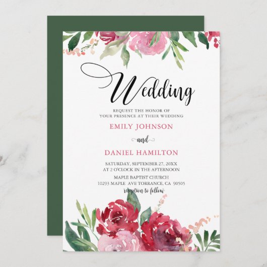 水彩（赤）赤面（ピンク）緑(結婚フローラ) 招待状 (正面/裏面)