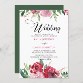 水彩（赤）赤面（ピンク）緑(結婚フローラ) 招待状