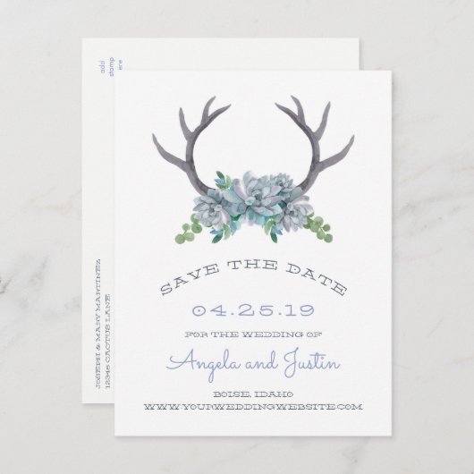 水彩〔雄ジカの〕枝角とエチェヴェリアの国の結婚式 案内ポストカード (正面/裏面)