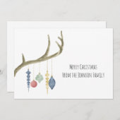 水彩〔雄ジカの〕枝角とオーナメントクリスマスカード シーズンカード (正面/裏面)