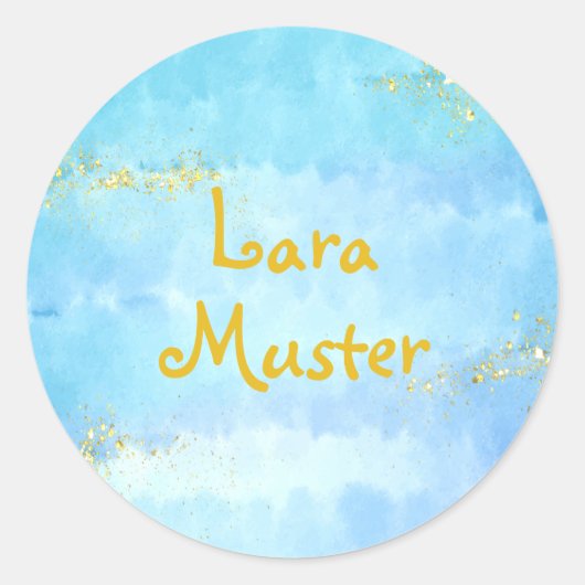 水彩 – 青 – 金ゴールドグリッター ラウンドシール (正面)