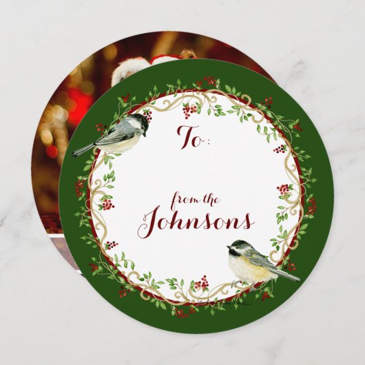 水彩《鳥》アメリカゴガラバーズメリークリスマスリース シーズンカード (正面/裏面)