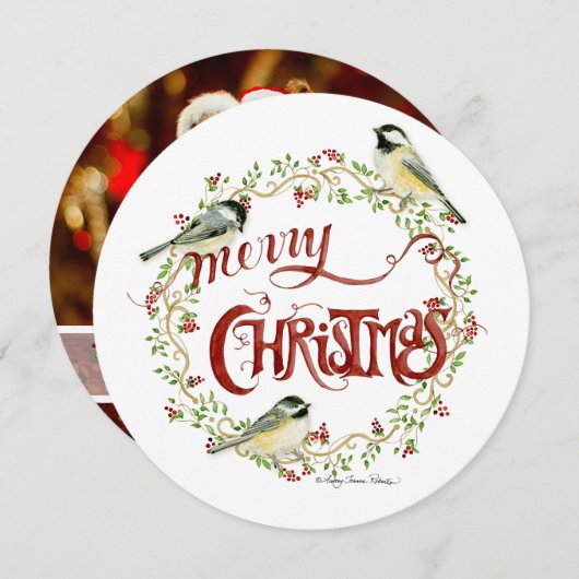 水彩《鳥》アメリカゴガラバーズメリークリスマスリース シーズンカード (正面/裏面)
