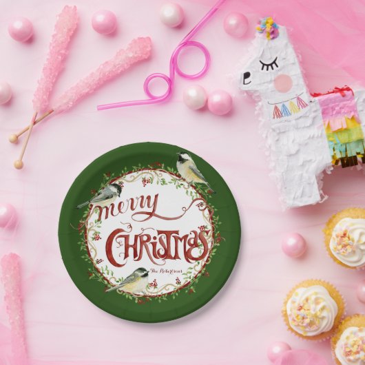 水彩《鳥》アメリカゴガラバーズメリークリスマスリース ペーパープレート (パーティー)