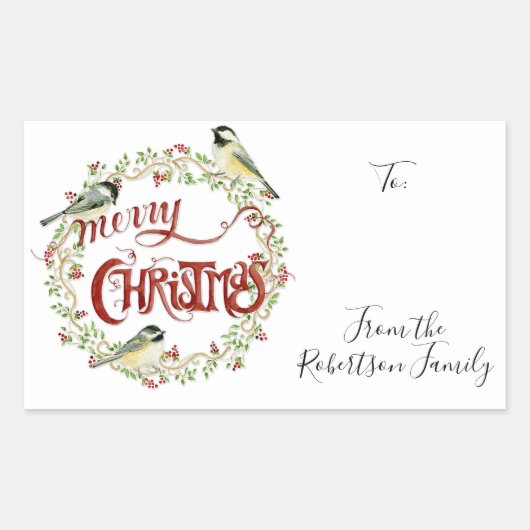 水彩《鳥》アメリカゴガラバーズメリークリスマスリース 長方形シール (正面)