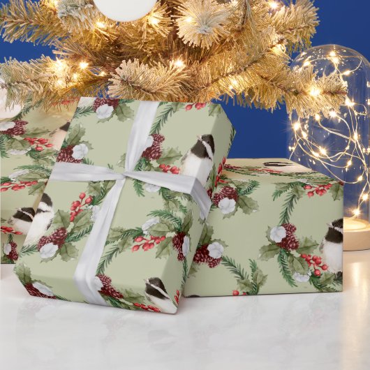 水彩《鳥》アメリカゴガラバードクリスマスリース ラッピングペーパー (クリスマス)