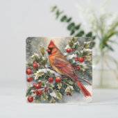 水彩(鳥)ショウジョウコウカンチョウとホリークリスマスカード シーズンカード (スタンド正面)