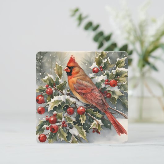 水彩（鳥）ショウジョウコウカンチョウとホリークリスマスカード シーズンカード (スタンド正面)