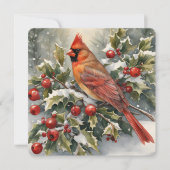 水彩(鳥)ショウジョウコウカンチョウとホリークリスマスカード シーズンカード (正面)