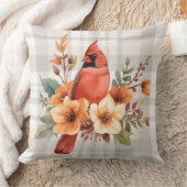 水彩(鳥)ショウジョウコウカンチョウと秋の花と格子柄 クッション (ブランケット)