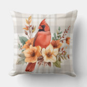 水彩(鳥)ショウジョウコウカンチョウと秋の花と格子柄 クッション (正面)