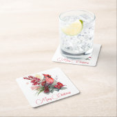 水彩（鳥）ショウジョウコウカンチョウクリスマス スクエアペーパーコースター (インサイチュ)