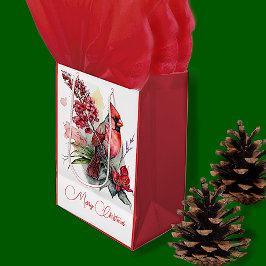 水彩（鳥）ショウジョウコウカンチョウクリスマス ミディアムペーパーバッグ