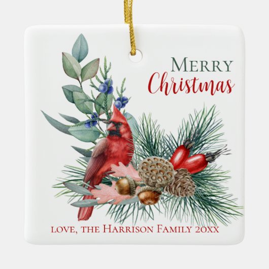 水彩(鳥)ショウジョウコウカンチョウメリークリスマスオーナメント セラミックオーナメント (正面)