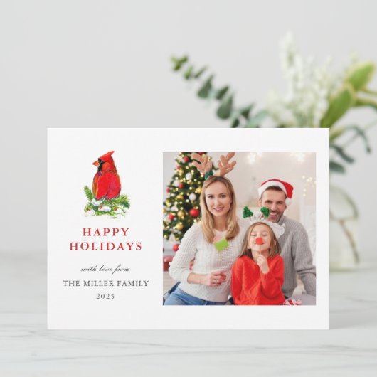 水彩（鳥）ショウジョウコウカンチョウ家族の写真の休日の挨拶 シーズンカード (スタンド正面)