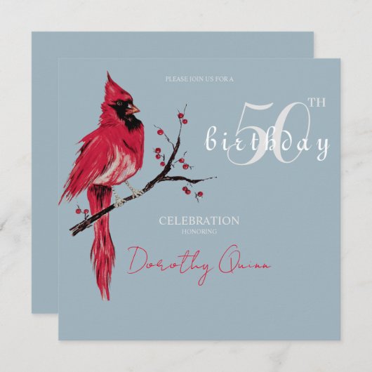 水彩（鳥）ショウジョウコウカンチョウ誕生日パーティー 招待状 (正面/裏面)