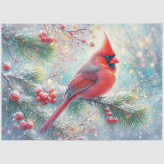 水彩（鳥）ショウジョウコウカンチョウ雪の森のデコページ 薄葉紙 (正面)