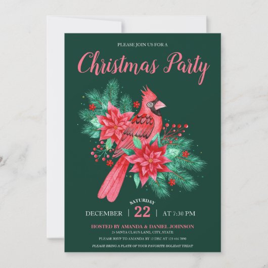水彩(鳥)ショウジョウコウカンチョウ鳥フローラクリスマスパーティー 招待状 (正面)