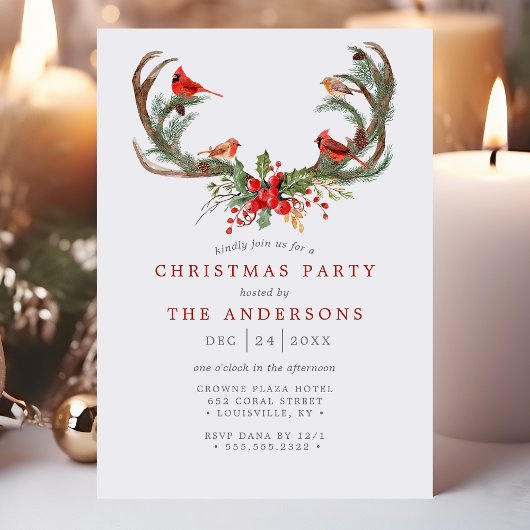 水彩（鳥）ショウジョウコウカンチョウ鳥〔雄ジカの〕枝角クリスマスパーティー 招待状
