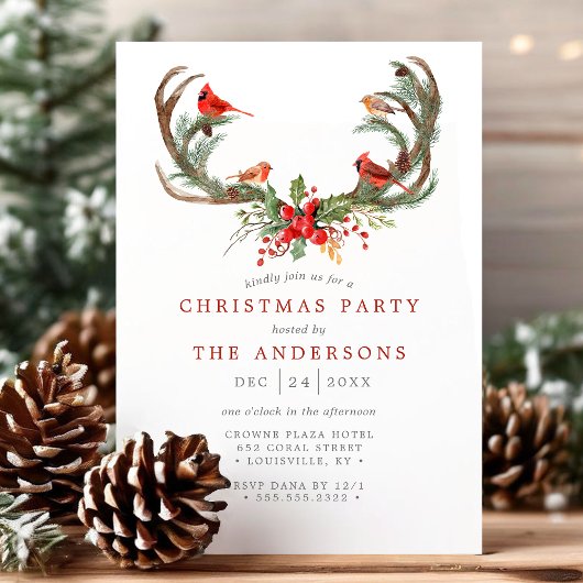 水彩(鳥)ショウジョウコウカンチョウ鳥〔雄ジカの〕枝角クリスマスパーティー 招待状