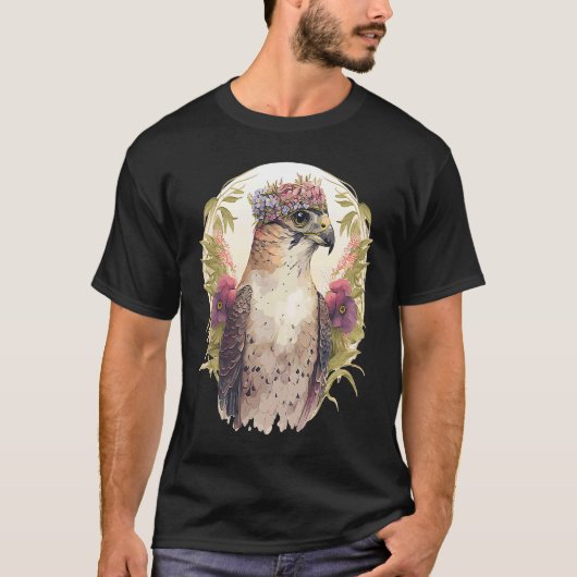 水彩《鳥》ハヤブサ鳥餌花冠植物 Tシャツ (正面)