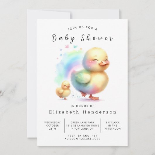 水彩 Editable ダックベイビーシャワー 招待状 (正面)