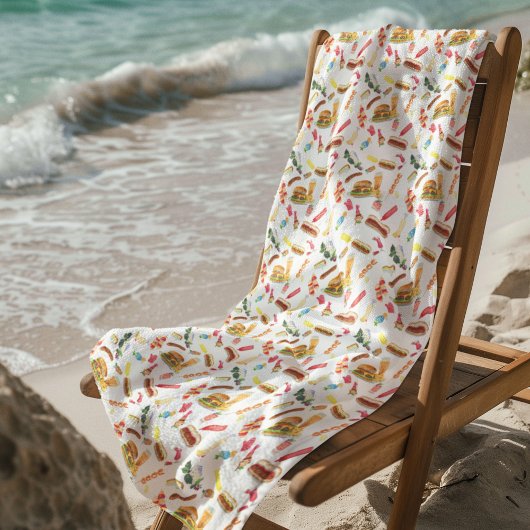 水彩BBQフード&ドリンク&デザート柄 ビーチタオル