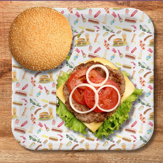 水彩BBQフード&ドリンク&デザート柄 ペーパープレート