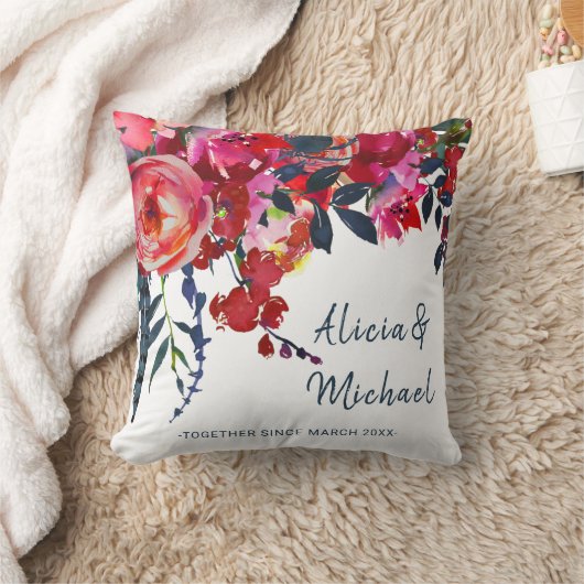 水彩bohoシック鮮やかな赤いネイビーの花 クッション (ブランケット)