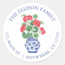 水彩Chinoiserie花瓶レッドジェラニウムズアドレス