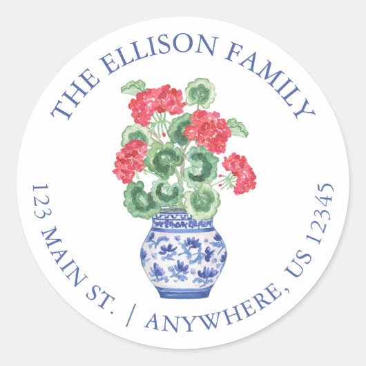 水彩Chinoiserie花瓶レッドジェラニウムズアドレス ラウンドシール (正面)