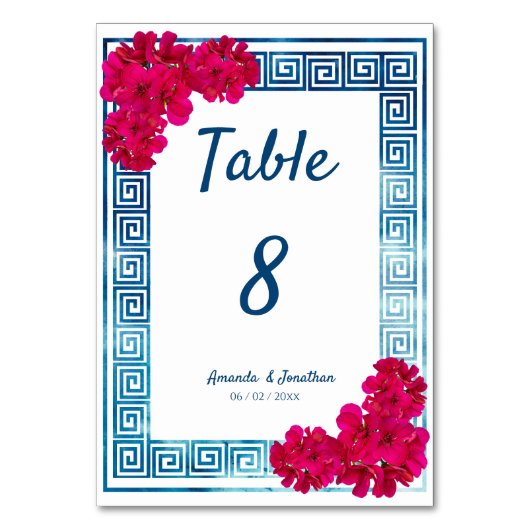 水彩Grecianエレガンス+ピンクの花 テーブルナンバー (正面)