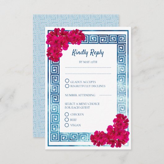 水彩Grecian Elegance +ピンクの花RSVP エンクロージャーカード (正面/裏面)