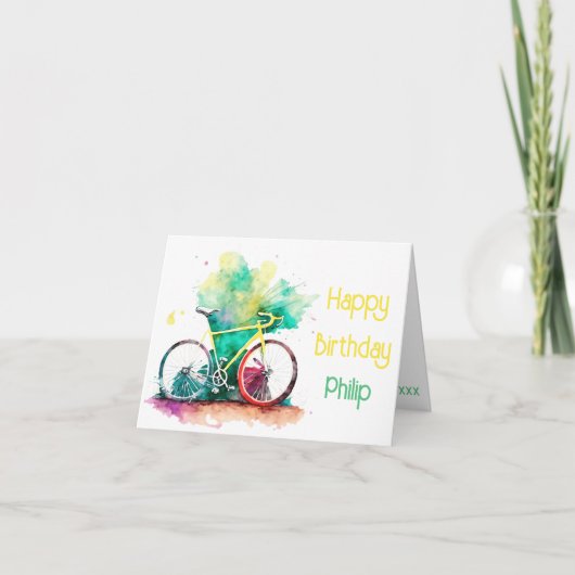 水彩MTB、マウンテンバイクサイクリスト誕生日カード カード (正面)