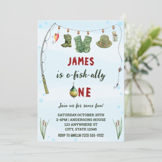 水彩O-Fish-Allyワン魚釣り誕生日 招待状 (スタンド正面)