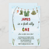 水彩O-Fish-Allyワン魚釣り誕生日 招待状 (正面/裏面)